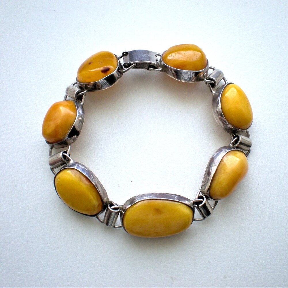 Vintage Sterling Silver 925 Russian Baltic Butterscotch Egg Yolk Amber Bracelet